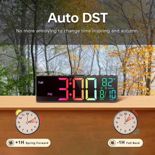 Miniatura 5 de JALL Reloj despertador digital grande de 10.5 pulgadas con 8 colores RGB, fecha, mes, temperatura LED, DST automático, reloj digital de gran