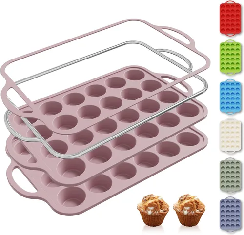 Miniatura 23 de 2 paquetes de 12 tazas de molde para magdalenas de silicona para hornear con marco reforzado de metal, molde para cupcakes de tamaño regular, Crema