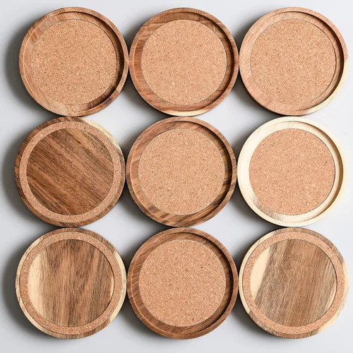 Miniatura 4 de Portavasos de madera de acacia para bebidas, 4.13 pulgadas, juego de 6, absorbentes y aislantes, apilables de corcho, posavasos rústicos para mesa