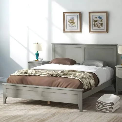 Miniatura 3 de anwickjeff Base de cama de tamaño matrimonial con cabecero y estribo, cama de plataforma de madera maciza blanca de estilo conciso moderno