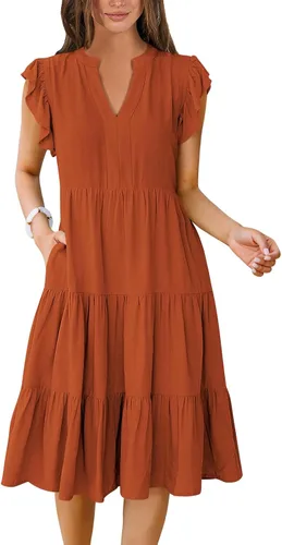 Miniatura 13 de ANRABESS Vestido de verano para mujer, manga con volantes, cuello en V, vestido midi a la moda, casual, holgado, escalonado, bohemio, playa
