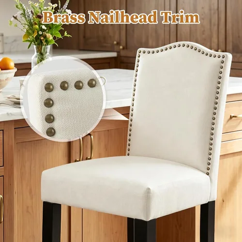 Miniatura 5 de LSSPAID Juego de 2 taburetes de bar, de 28.5 pulgadas, modernos tapizados de tela, taburetes de bar con respaldo de cabeza de clavo y patas de Beige