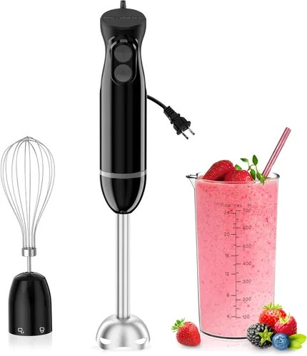 Bonsenkitchen Batidora de inmersión de mano, batidora de mano de 2 velocidades de mezcla eléctrica con cuchillas afiladas, batidora de mano 3 en 1
