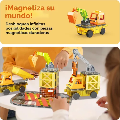 Miniatura 7 de PicassoTiles Azulejos Magnéticos de Construcción Temáticos Bloques de Construcción 5-en-1 Grúa, Escalera, Camión Volquete, Excavadora