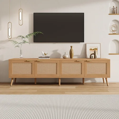 Miniatura 28 de JIVOIT Moderno soporte de TV de ratán para televisores de hasta 80 pulgadas, mesa consola inspirada en ratán con 3 gabinetes y 2 cajones, armario