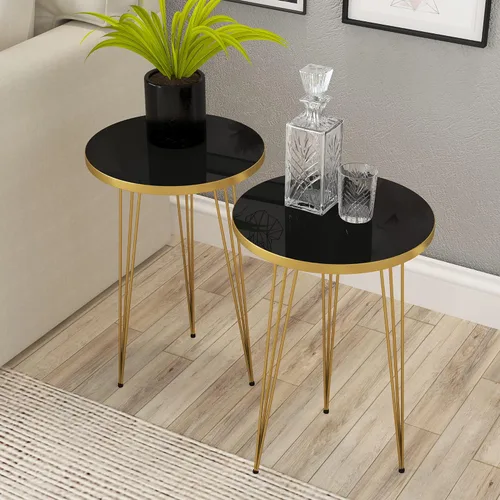 Juego de 2 mesas auxiliares redondas de madera para sofá para espacios pequeños, mesita de noche con patas de metal para dormitorio, sala de estar,