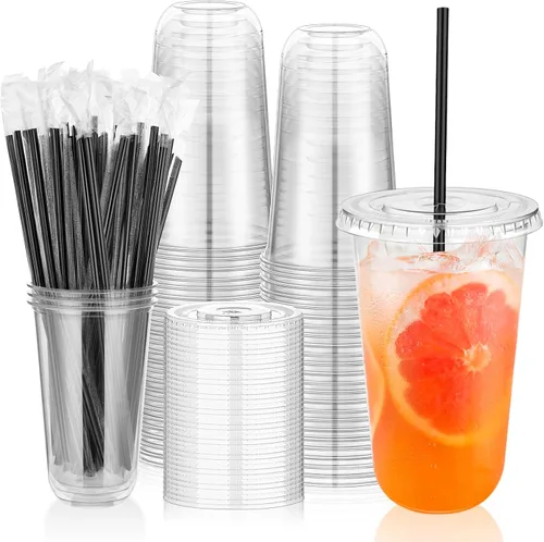 Miniatura 10 de tchrules Juego de 50 vasos de plástico negro de 16 onzas con tapas y pajitas, vaso de café helado desechable con tapa, vasos de plástico de fondo