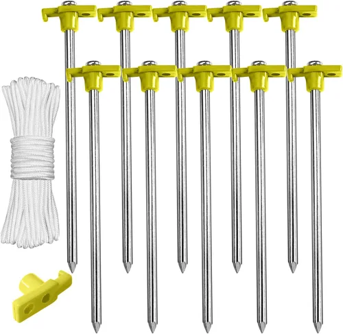 ABCCANOPY Estacas de tienda de campaña de 8 pulgadas, 10 anclajes de metal antioxidantes, picos resistentes con 4 cuerdas para acampar al aire