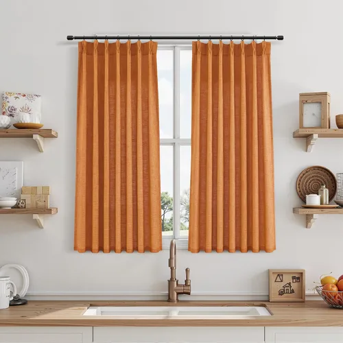 Miniatura 90 de Juego de 2 paneles de cortinas de ventana de cocina beige de 24 pulgadas de largo, con textura de lino, plisadas, filtrantes de luz, semi pequeñas