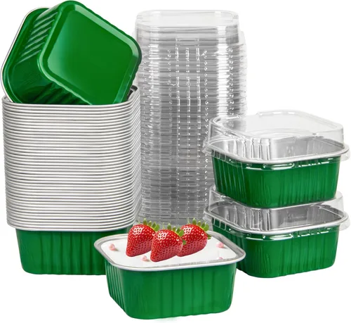 Miniatura 11 de 50 Pcs Mini Square Baking Cups with Lids,5oz Aluminum Foil Mini Cake Pans with Lids,Disposable Ramekins Cake Pans,150ml Dessert Cups Cupcake Pans