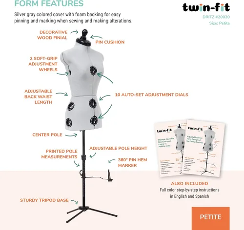 Miniatura 4 de Dritz Forma de Vestido Ajustable Twin-Fit Petite, Tallas US 00–4, Maniquí de Costura Femenino con Torso Corporal Pinnable, 13 Diales para Ajuste