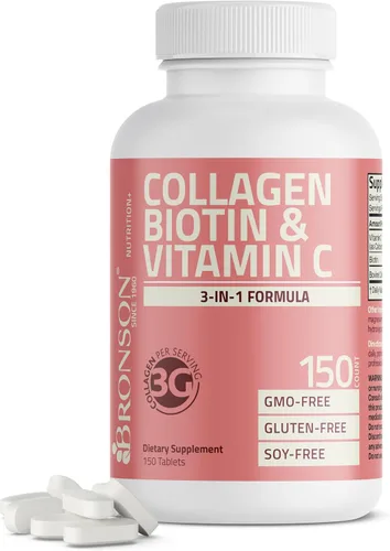 Miniatura 9 de Bronson Péptidos de colágeno 3000mg (por porción) con biotina y vitamina C - para el apoyo del cabello, la piel y las uñas, sin OGM, 90 tabletas