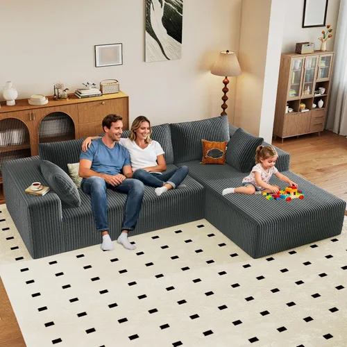 Miniatura 59 de Sofá seccional modular de 96", sofá en forma de L tipo nube sin estructura con chaise lounge, tapizado de pana con asiento profundo de espuma Negro