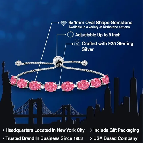 Miniatura 135 de Gem Stone King Pulsera de plata de ley 925 con piedra natal ovalada de 0.276 x 0.197 in para mujer, totalmente ajustable hasta 9 pulgadas
