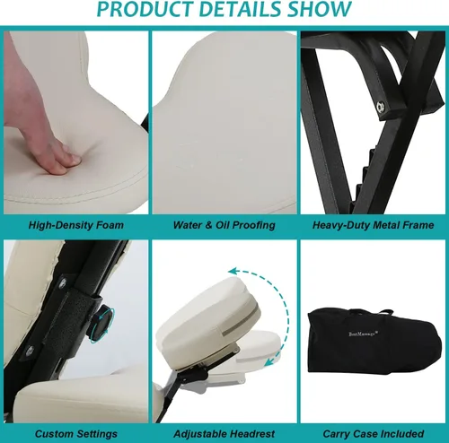 Miniatura 4 de Silla de masaje portátil, Esponja de 4 pulgadas de grosor, Altura ajustable, Silla de spa plegable, Capacidad de carga 250 libras, Crema
