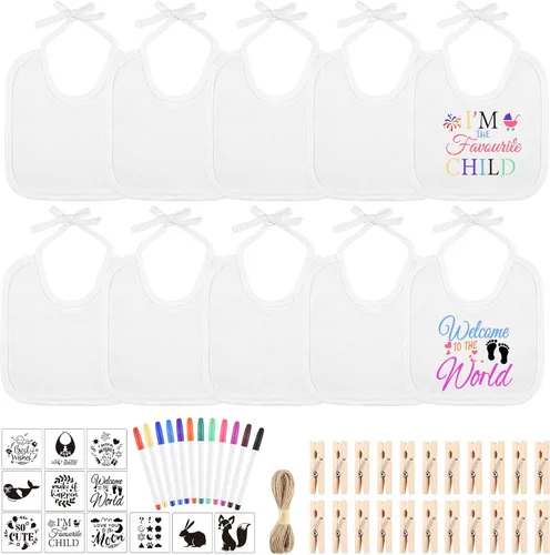 BOUBONI Set de 55 piezas para decorar baberos de bebé DIY Incluye 10 baberos blancos 12 marcadores de tela 12 plantillas 20 pinzas para la ropa 1