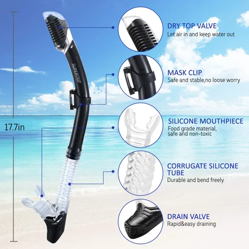 Miniatura 2 de Supertrip Snorkel seco para adultos, buceo con protector contra salpicaduras y válvula superior, esnórquel de buceo libre para adultos y jóvenes