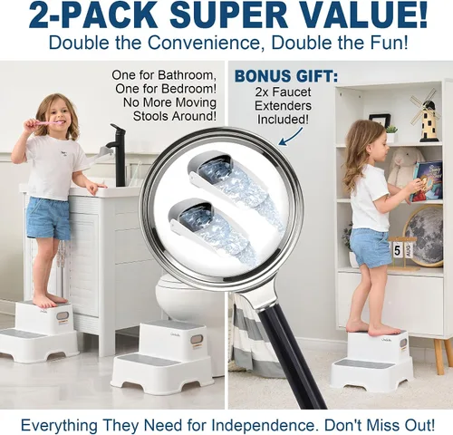 Miniatura 5 de Paquete de 2 taburetes para niños, taburete antideslizante para lavabo de baño y entrenamiento para ir al baño, resistente de 200 libras, incluye