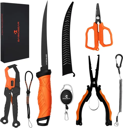BasicGear Juego de herramientas de pesca - Alicates de 7 pulgadas, pinza de labio de pez de 9.5 pulgadas, tijeras de 4.5 pulgadas, cuchillo de