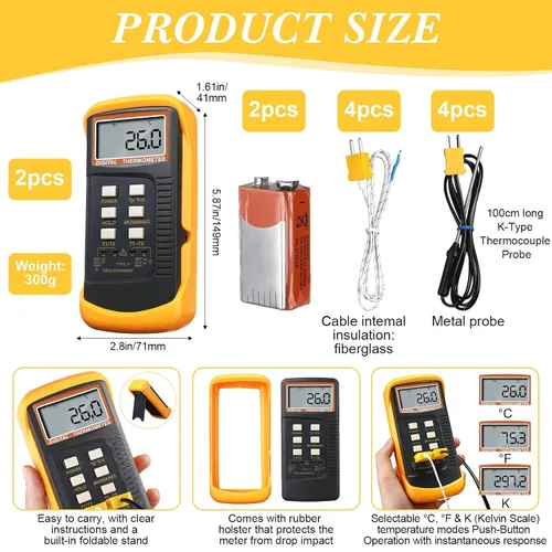 Miniatura 2 de Termómetro digital de termopar de 2 piezas tipo K HVAC de doble canal con 8 termopares de medición de temperatura máxima/min, -50 ~ 2,372.0 °F