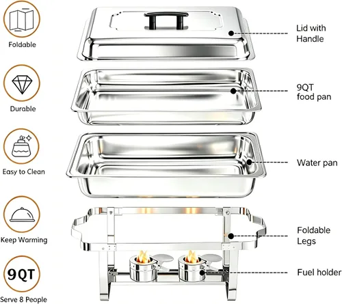Miniatura 5 de Recipientes Calentadores para Buffet Paquete de 4, Juego de Recipientes Calentadores de Buffet de Acero Inoxidable de 9 Cuartos con Marco Plegable