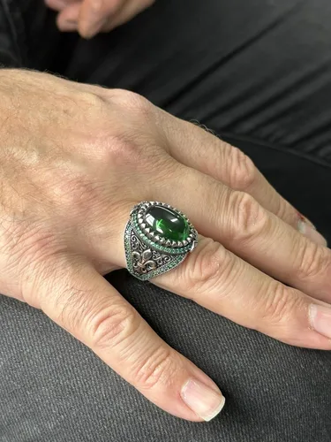 Miniatura 6 de Silver Handmade Ring, Emerald Stone Ring, Silver Green Zircon Stone Ring, Engraved Silver Ring, Ottoman Style Ring, Gift For Him