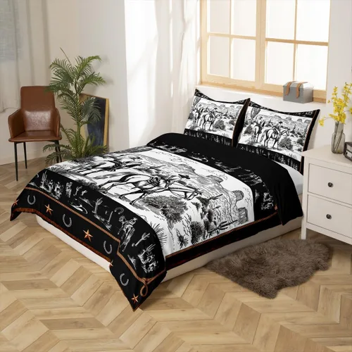 Miniatura 2 de Manfei Juego de funda de edredón occidental, tamaño individual, juego de ropa de cama de caballo de vaquero de 2 piezas, funda de edredón de cactus