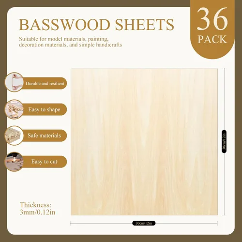 Miniatura 3 de Paquete de 36 hojas de madera de tilo, 30,5 cm x 30,5 cm x 3 mm de madera contrachapada de tilo, madera para manualidades, madera sin terminar