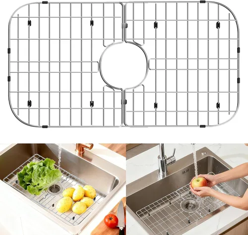 Miniatura 10 de Protectores de fregadero de acero inoxidable para fregadero de cocina, estante de fregadero de metal de 12.25 x 11.5 pulgadas con orificio