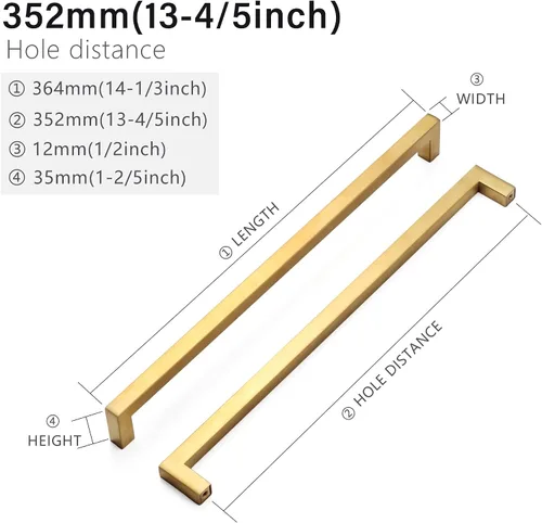 Miniatura 2 de Tiradores para gabinete dorados, manijas cuadradas para cajones, paquete de 2, manijas de acero inoxidable para cocina de 13-4/5 pulgadas, herrajes