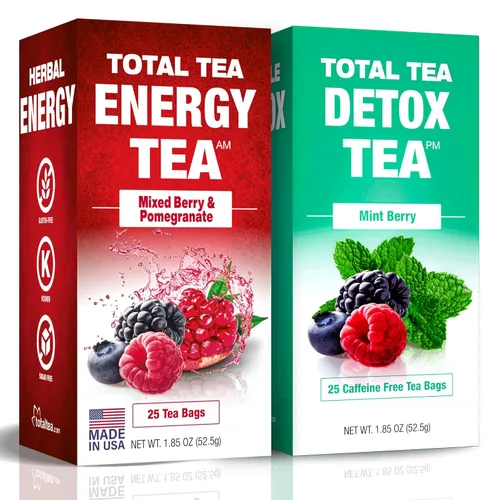 Total Tea Set Energy Tea and Detox Tea, té de hierbas para aumentar la energía promueve la concentración, té de hierbas de menta natural y bayas