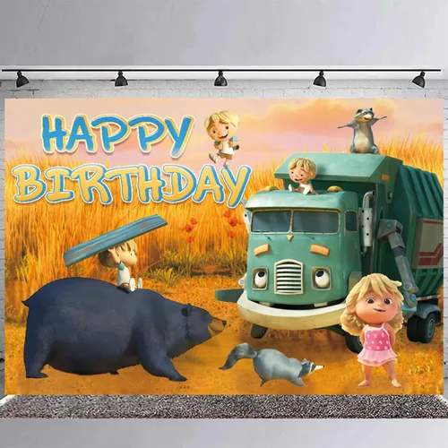 Miniatura 3 de Fondo de fiesta de cumpleaños de camión de basura, decoración y pancarta, accesorios de fondo de fotos para niños y niñas, 5 x 3 pies