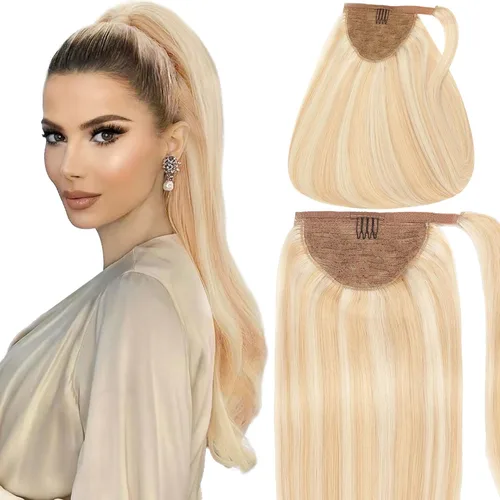 Caliee Extensión de cabello humano de 14 pulgadas de largo, con reflejos P12/60A, color marrón dorado con rubio platino, extensión de cabello 100%