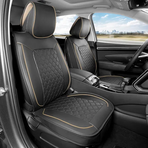 Miniatura 32 de MotorBox Haven Series - Fundas de asiento de piel de napa, para automóviles, edición Lux, fundas de asiento delantero con costuras de diamante