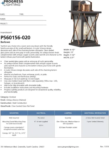 Miniatura 16 de Progress Lighting Barlowe Collection - Farol de pared pequeña de cristal transparente con semillas para exteriores, 13 x 6.5 x 6.5 pulgadas, bronce