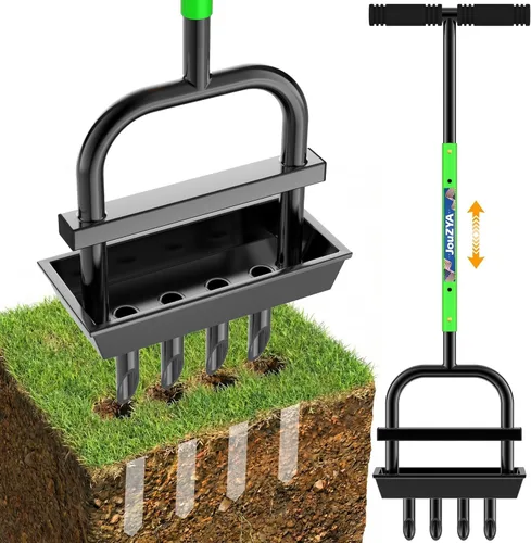 Updated Lawn Aerator Tool with Soil Core Collection Tray, Lawn Core Aerator Lawn Tool with 4 Tines Manual Grass Aerator, Spike Lawn Coring Aerator
