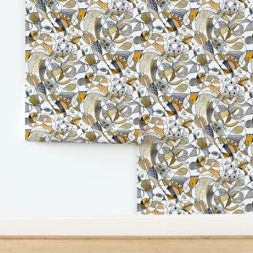 Miniatura 4 de Muestra de papel tapiz extraíble - Línea Gris Amarillo Grande Negro Blanco Hojas Círculos Puntos Papel pintado personalizado pre-pegado por