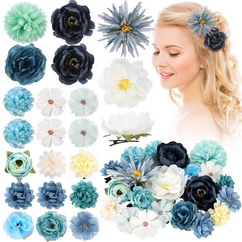 BBTO 21 piezas pinzas para el pelo con diseño de flores, pasadores para el cabello con rosas, diademas para mujer, accesorios de flores, estilo Azul