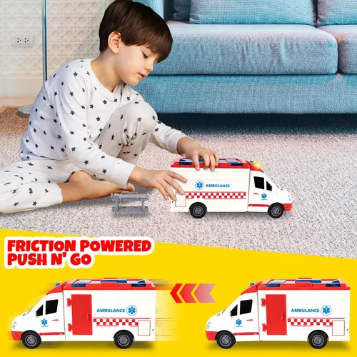 Miniatura 6 de ArtCreativity Camión de juguete de ambulancia para niños, luces y sirena, ambulancia de juguete de rescate a escala 1/16, juguetes de ambulancia
