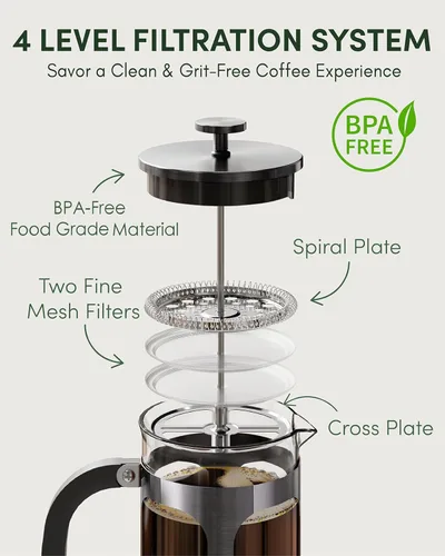 Miniatura 4 de BAYKA cafetera y tetera de prensa francesa de acero inoxidable 304, con sistema de filtración de 4 niveles, vidrio de borosilicato grueso resistente