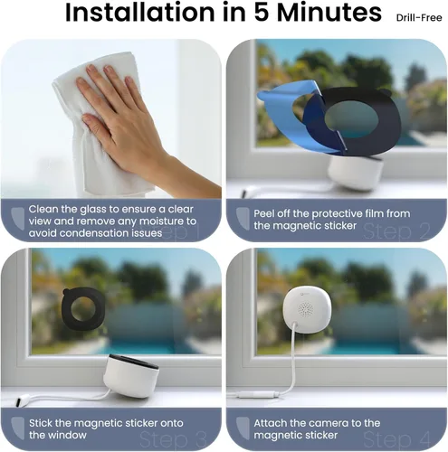 Miniatura 5 de Cámara de ventana 2K sin taladro, paquete de 2 cámaras para seguridad del hogar, monitoreo interior y exterior a través de vidrio, visión nocturna a