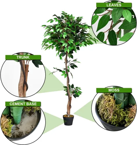 Miniatura 4 de Goplus Árbol artificial de hoja de seda de ficus de 5.5 pies, árbol falso en maceta con hojas verdes y tronco natural, sin mantenimiento, planta