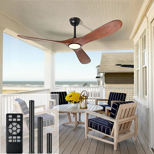 Miniatura 11 de Ventiladores de techo de 52 pulgadas con luces y control remoto, ventilador de techo de madera para exteriores con motor de CC silencioso de 6 Negro