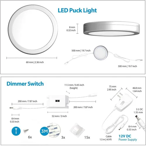 Miniatura 6 de EShine Luces de disco para debajo del gabinete con sensor de onda manual, luces LED circulares para gabinete, regulables, paquete de 3, blanco