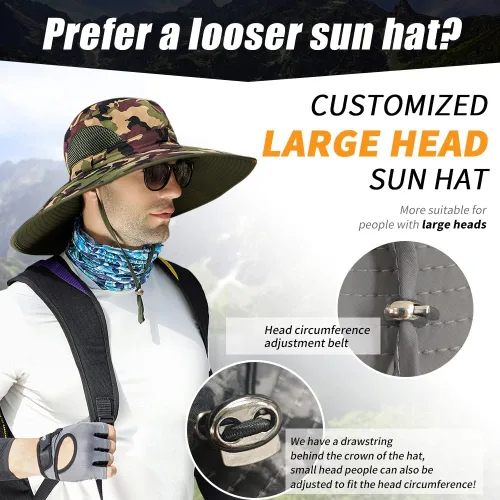 Miniatura 4 de 【Gran tamaño XXL y ala ancha】 Sombreros de sol para hombre, UPF50+resistente al agua: sombrero de pesca Boonie para senderismo, safari, playa, jardín