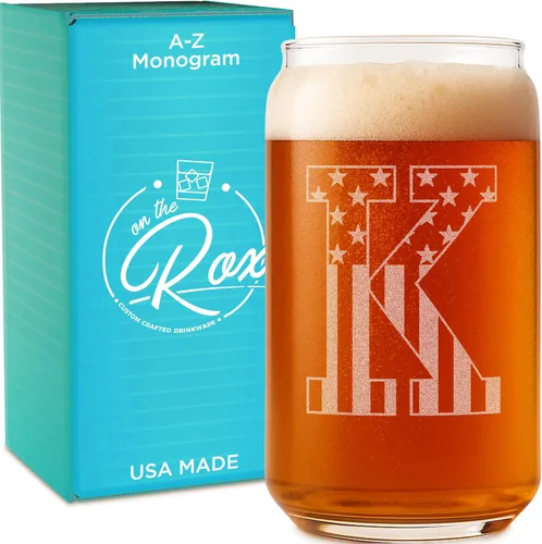 Miniatura 16 de Vaso en forma de lata de cerveza con monograma grabado - bandera de EE.UU.