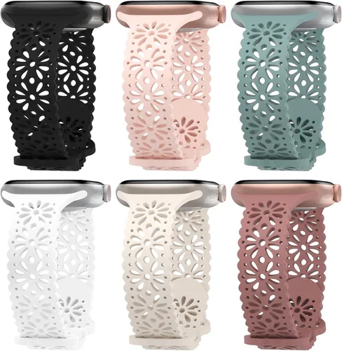 Miniatura 13 de Paquete de 6 correas de silicona delgadas y huecas de encaje compatibles con Apple Watch de 1.496 pulgadas, 1.575 pulgadas, 1.614 pulgadas, 1.654