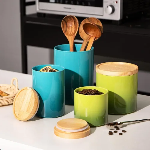 Miniatura 3 de Sweejar Tarro de cerámica para almacenar alimentos, recipientes de cocina apilables, recipientes con tapa de madera hermética para servir café Azul