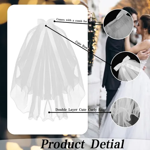 Miniatura 3 de TIESOME Velo de novia de boda con peine, corto de tul de 2 niveles de tul para novia, velo de tul, engarzado, velos de catedral, velo de niña