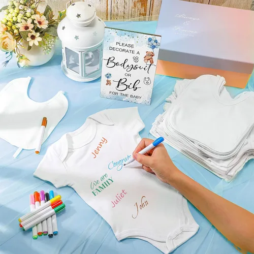 Miniatura 5 de Roowest 35 Piezas Baberos para Baby Shower Juegos Diseño Letrero de Madera para Juego de Fiesta de Baby Shower DIY Letrero de Body 15 Baberos